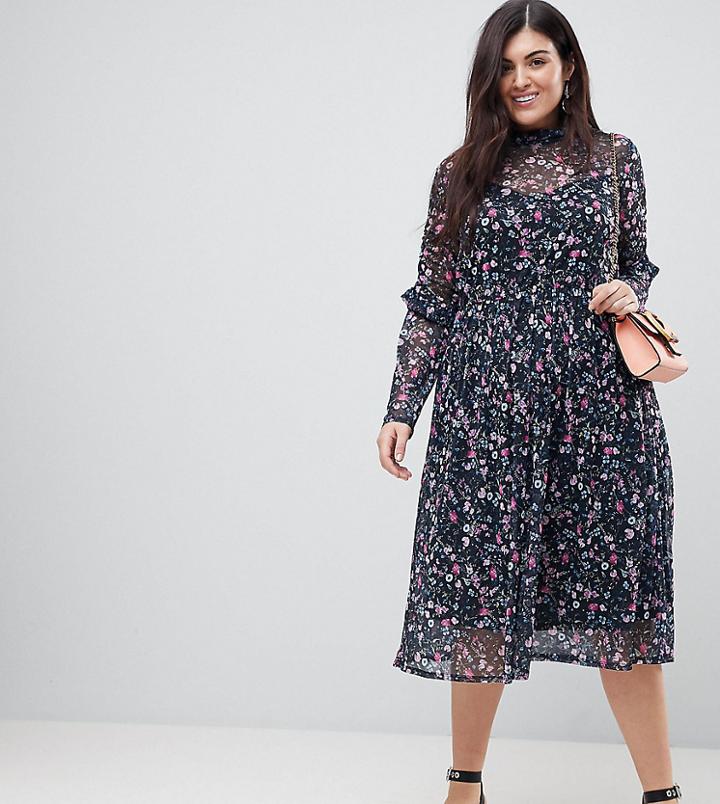 Asos Curve Mesh Ditsy Print Midi Skater Dress With High Neck - Multi