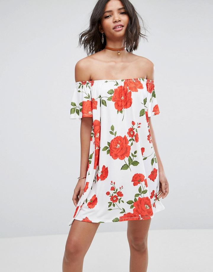 Asos Off Shoulder Mini Dress In White Floral - Multi