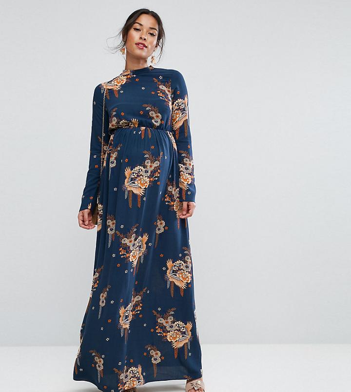 Asos Maternity Petite Maxi Dress With Long Sleeve In Chinoiserie Print - Multi