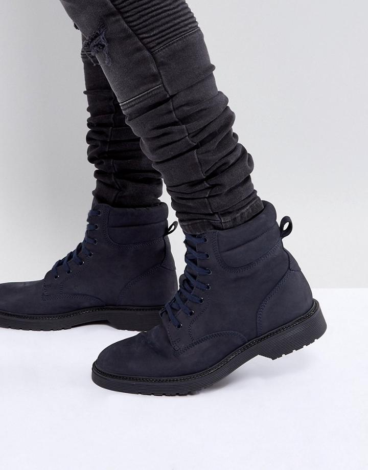 Asos Lace Up Boots In Navy Leather With Cuff And Ribbed Sole - Navy