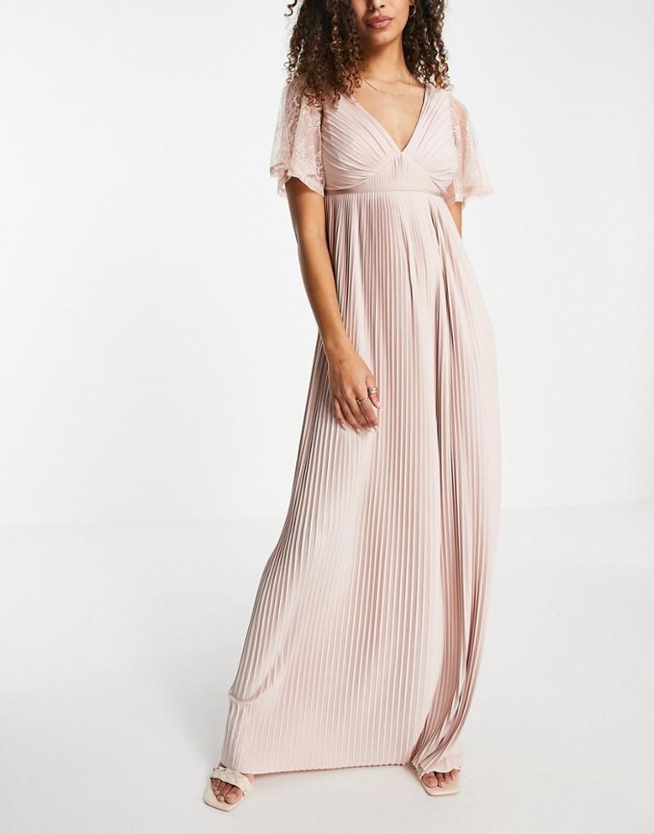 Asos Design Pleated Maxi Dress With Belt & Lace Sleeves In Dusky Pink