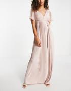 Asos Design Pleated Maxi Dress With Belt & Lace Sleeves In Dusky Pink
