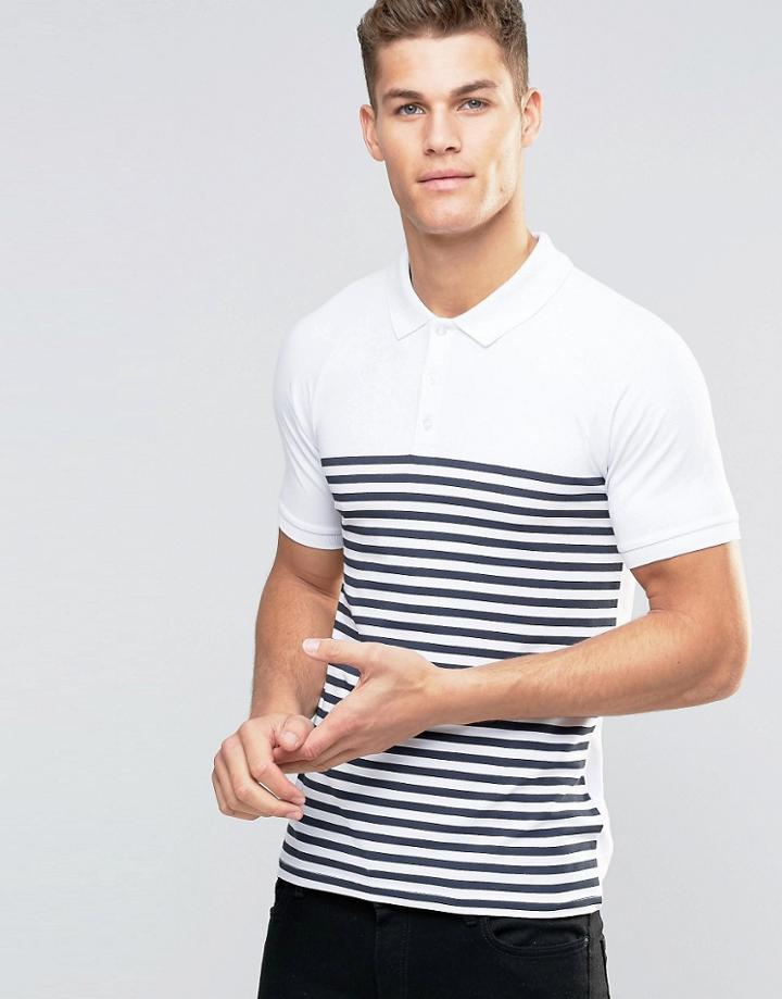 Asos Muscle Polo Shirt With Breton Stripe In White/navy - White