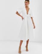 Asos Design Bubble Sleeve Twist Detail Midi Prom Dress - White