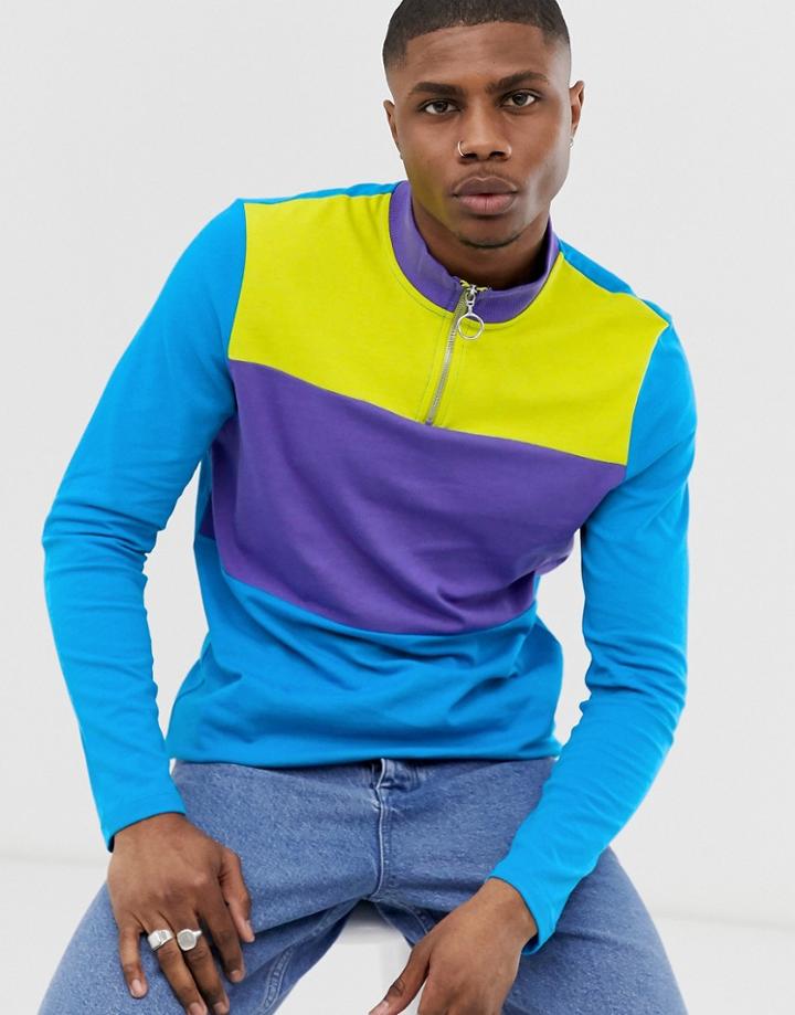 Asos Design Long Sleeve T-shirt With Turtle Zip Neck And Bright Color Block-multi