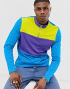 Asos Design Long Sleeve T-shirt With Turtle Zip Neck And Bright Color Block-multi