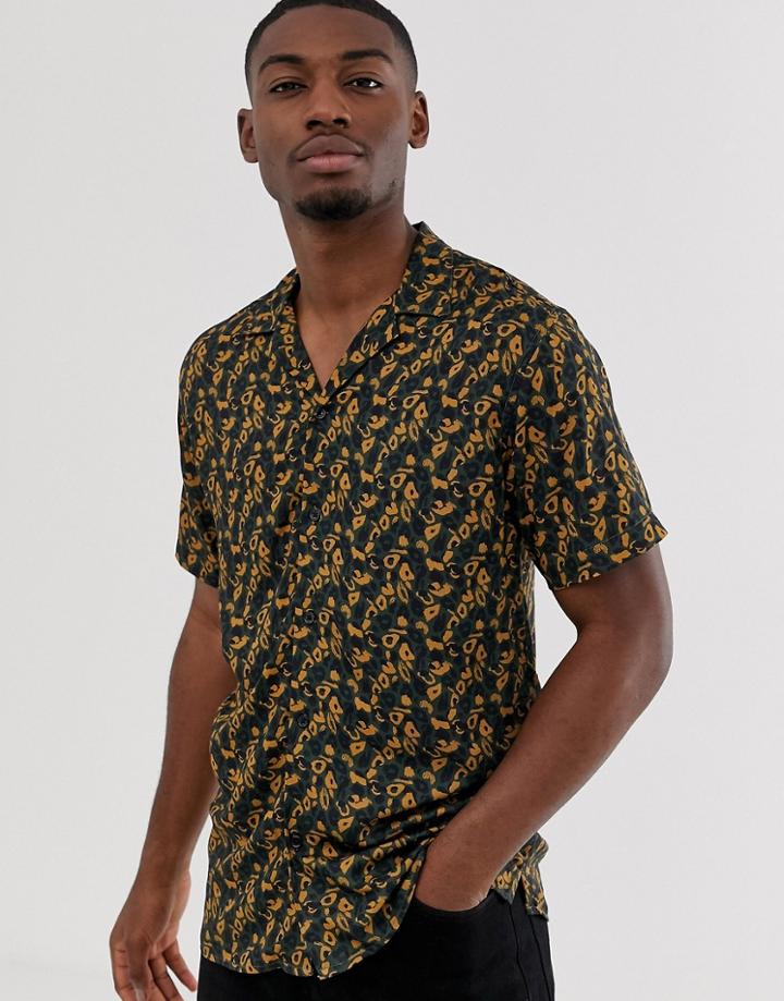 Selected Homme Short Sleeve Revere Collar Animal Print Shirt In Green