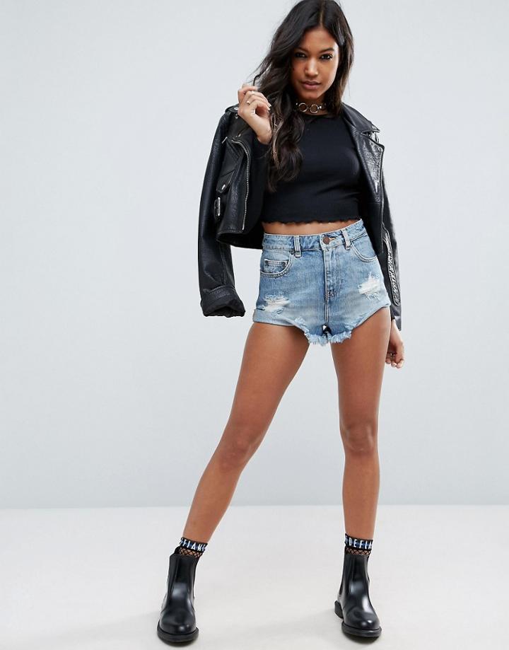 Asos Denim Shorts With Shredded Rips In Lillian Mid Wash Blue - Blue