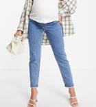 Asos Design Maternity High Rise Farleigh 'slim' Mom Jeans In Midwash With Under The Bump Waistband-blue