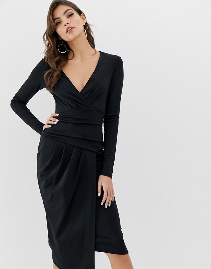 Asos Design Figure Effect Wrap Midi Bodycon Dress-black