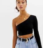 Collusion One Shoulder Rib Crop Top - Black