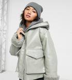 Asos Design Petite Faux Leather Jacket With Borg Lining In Sage-multi