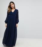 Little Mistress Maternity Embellished Plunge Front Pleated Maxi Dress With Lace Sleeves-navy
