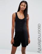 Asos Maternity Lounge Romper In Rib With Button Front - Black