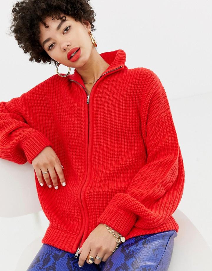 Na-kd Knitted Zip Cardigan In Red - Red