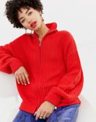 Na-kd Knitted Zip Cardigan In Red - Red