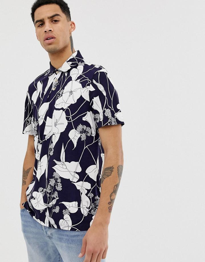 Ted Baker Polo Shirt With Leaf Print-navy