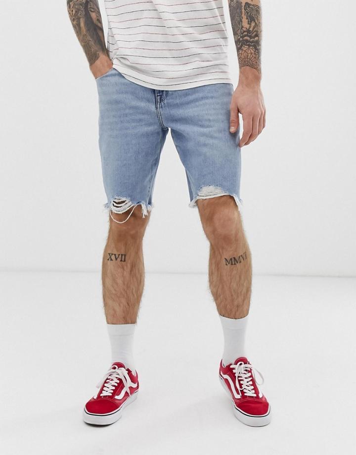 Asos Design 12.5oz Slim Denim Shorts In Vintage Light Wash-blue