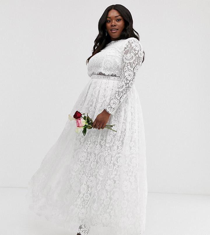 Asos Edition Curve Lace Long Sleeve Crop Top Maxi Wedding Dress-white