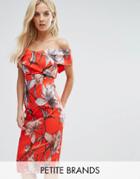 Asos Petite Bright Red Floral Bardot Pencil Midi Dress - Multi