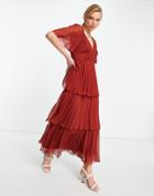 Asos Design Pleated Textured Midi Dress With Tiered Skirt In Rust-brown
