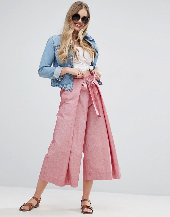 Asos Tie Front Wide Leg Shirting Pants With Splits - Red