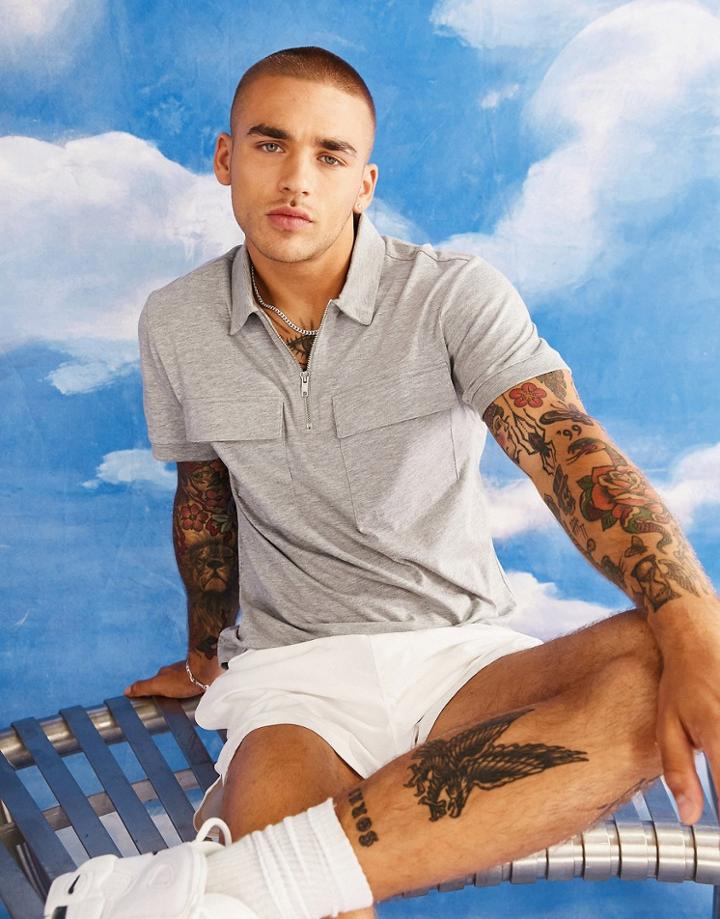 Asos Design Polo With Zip And Pocket Details In Gray Heather