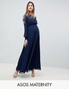 Asos Design Maternity Sheer Sleeve Maxi Dress With Embellished Shoulder Detail - Navy