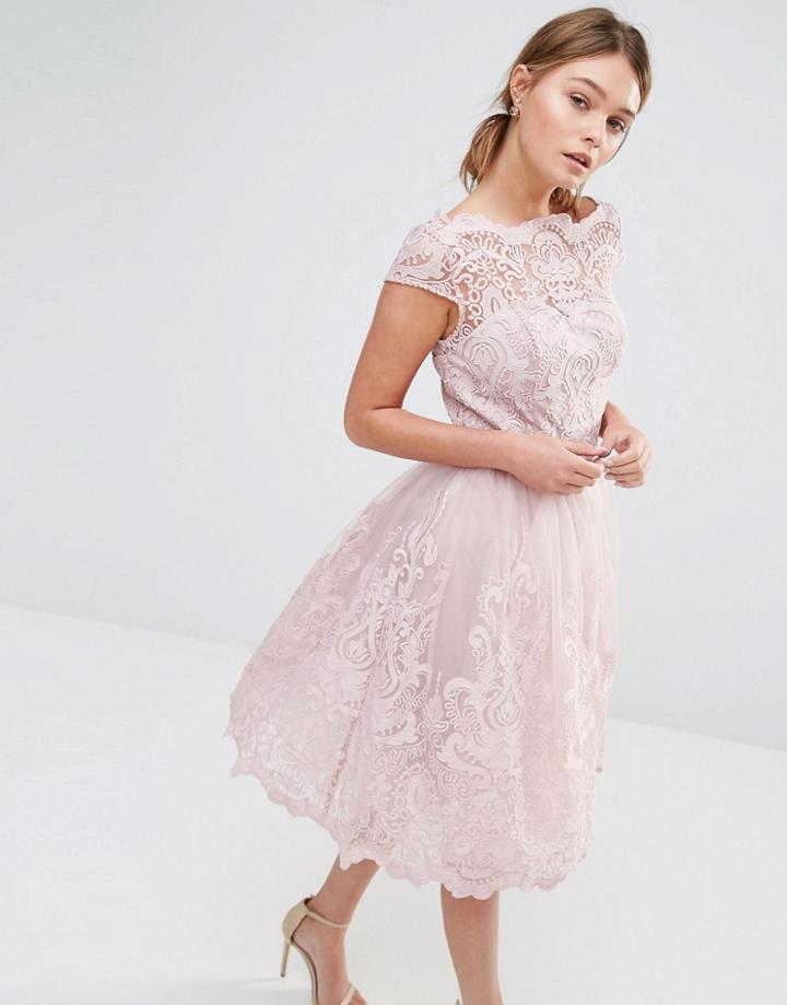 Chi Chi London Premium Lace Midi Prom Dress With Bardot Neck - Mink