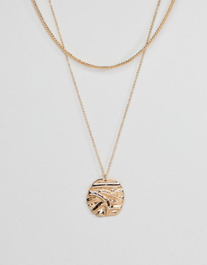 Asos Flat Snake And Folded Metal Disc Multirow Necklace - Gold