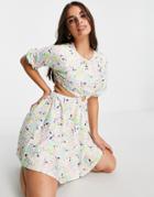 Asos Design Textured Mini Dress With Ring Detail In Pastel Floral-multi