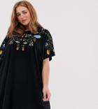 Asos Design Curve Embroidered Oversized T-shirt Dress - Black