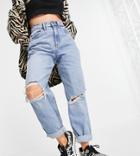 Asos Design Petite High Rise 'slouchy' Mom Jeans With Rips In Stonewash Blue-blues