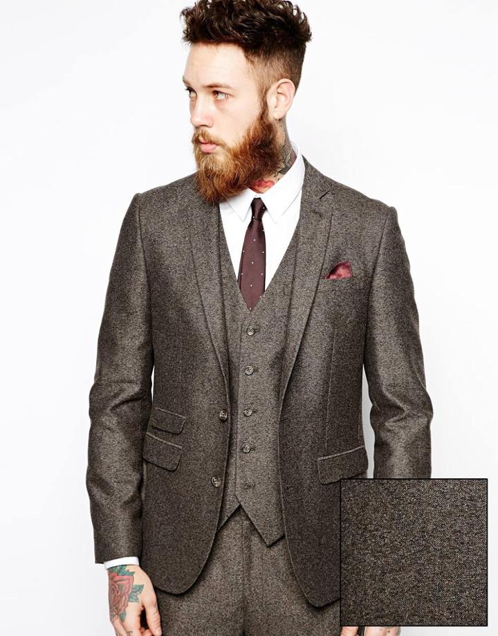 Asos Slim Suit Jacket In Herringbone - Brown