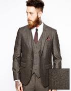 Asos Slim Suit Jacket In Herringbone - Brown