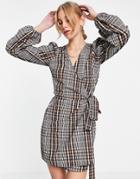 Envii Wrap Mini Dress In Brown Based Check-multi