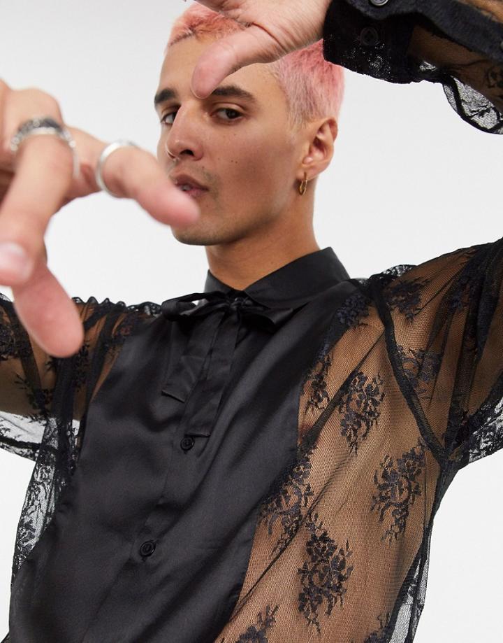 Asos Design Regular Fit Lace Shirt With Satin Placket Detail In Black