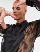 Asos Design Regular Fit Lace Shirt With Satin Placket Detail In Black