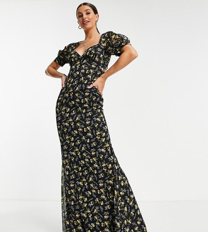 Asos Design Tall Bias Maxi Dress In Black Ditsy Print-multi