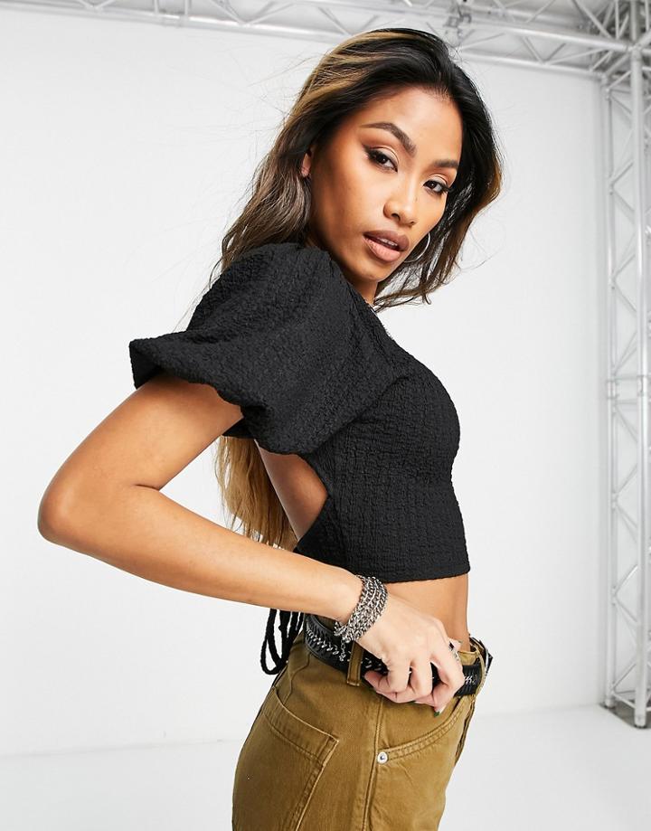 Topshop Crinkle Volume Sleeve Tie Back Top In Black
