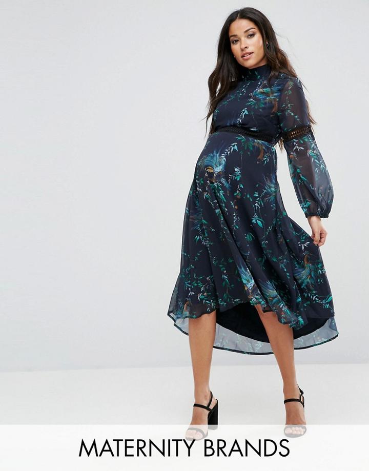Hope & Ivy Maternity Printed Midi Dress With Lace Inserts - Multi