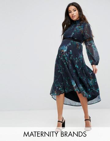 Hope & Ivy Maternity Printed Midi Dress With Lace Inserts - Multi