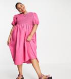 Lola May Plus Shirred Smock Midi Dress With Puff Sleeves In Pink