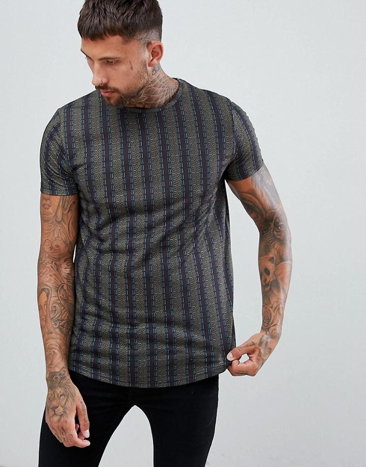 Boohooman Longline T-shirt With Curve Hem In Khaki Stripe - Green