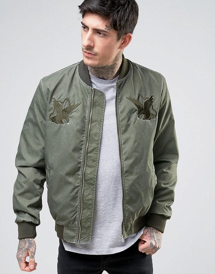 Asos Bomber Jacket With Eagle Embroidery In Washed Khaki - Green