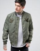 Asos Bomber Jacket With Eagle Embroidery In Washed Khaki - Green