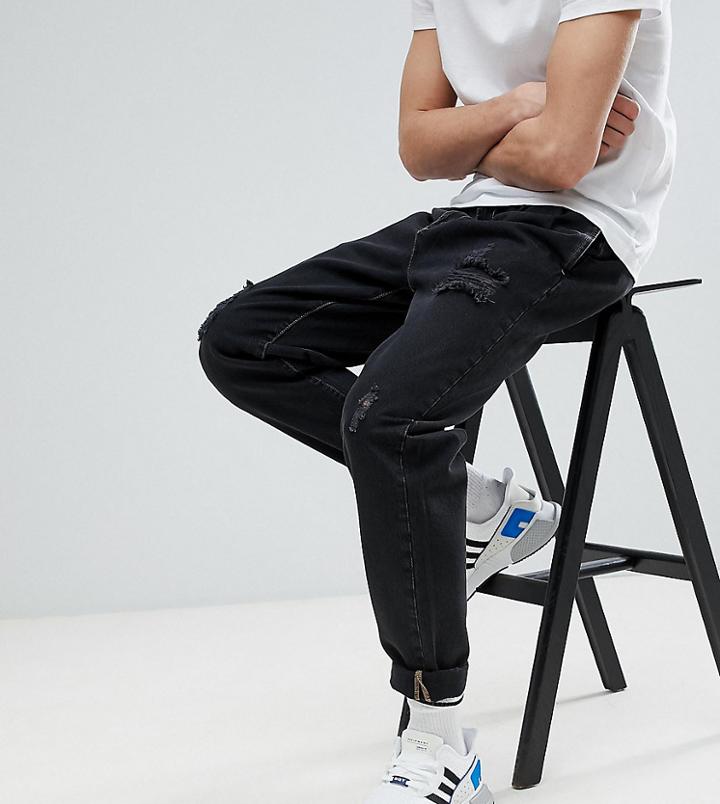 Asos Design Tall Double Pleat Jeans In Washed Black With Rips - Black