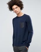 Asos Lambswool Rich Sweater With Contrast Woven Pocket - Navy