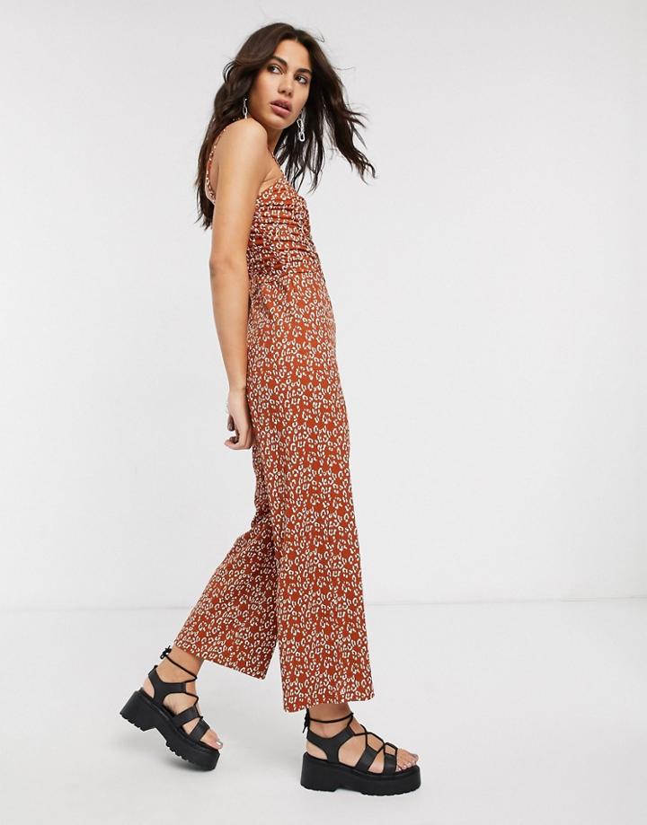 Bershka Ruched Front Animal Print Jumpsuit In Rust-orange