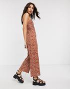 Bershka Ruched Front Animal Print Jumpsuit In Rust-orange